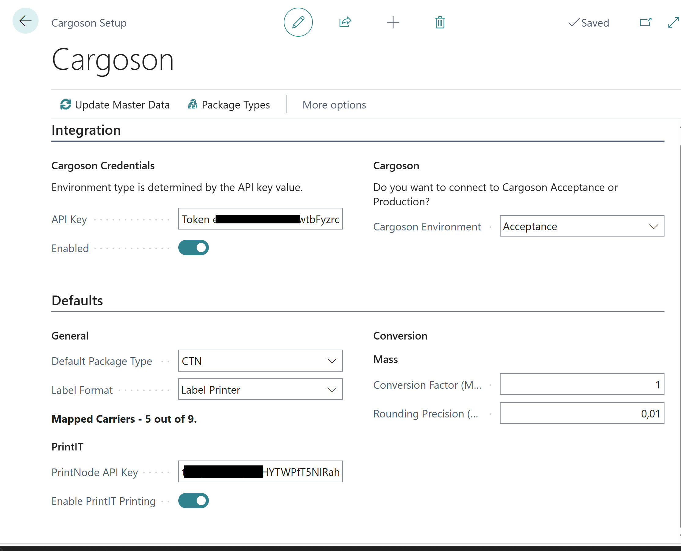 Σελίδα Ρύθμισης Cargoson στο ShipIT 365
